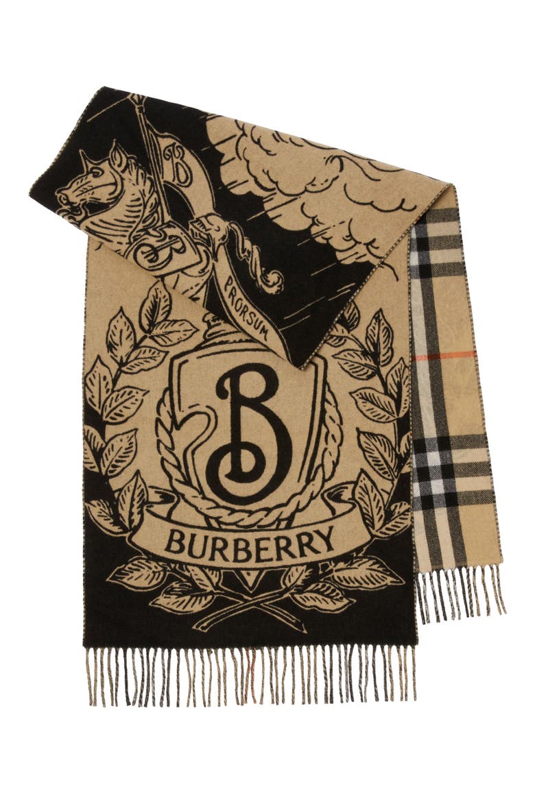 Reversible Stormy Knight & Check Cashmere Fringe Scarf, Main, color, SAND
