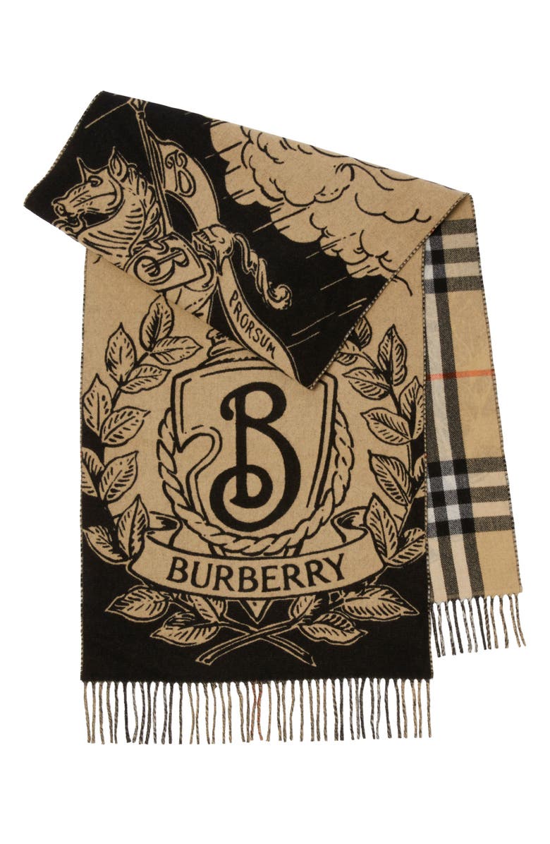 Burberry Reversible Stormy Knight & Check Cashmere Fringe Scarf, Main, color, Sand