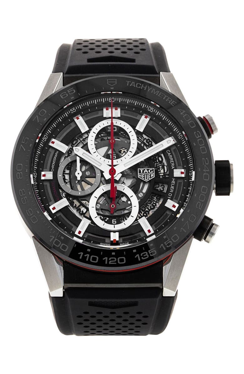 Watchfinder & Co. Tag Heuer Preowned 2018 Carrera Automatic Chronograph Rubber Strap Watch, 45mm, Main, color,