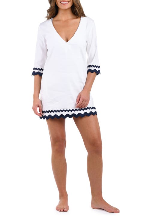 Scallop Trim V-Neck Linen Blend Cover-Up Tunic