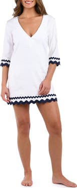 La Blanca Scallop Trim V-Neck Linen Blend Cover-Up Tunic