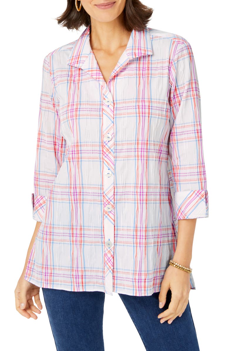 Foxcroft Rhett Crinkle Plaid Tunic Blouse, Main, color, 