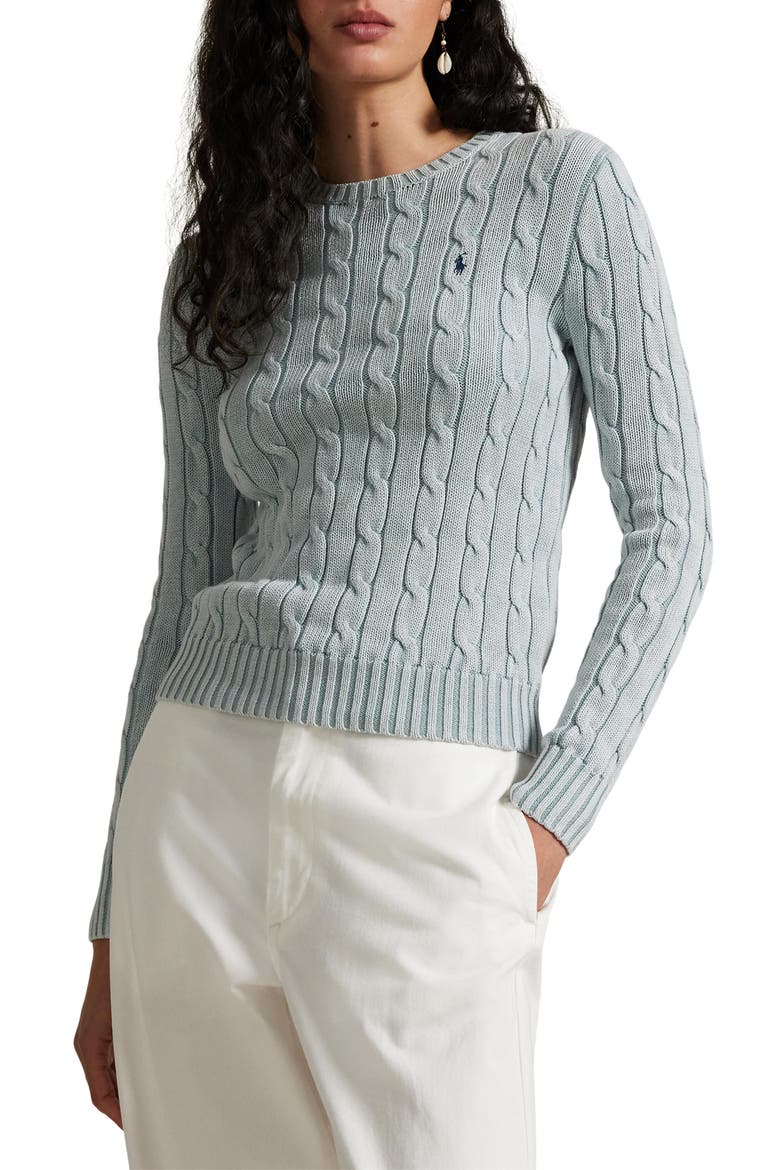 Cable Knit Cotton Crewneck Sweater, Main, color, LIGHT CHAMBRAY
