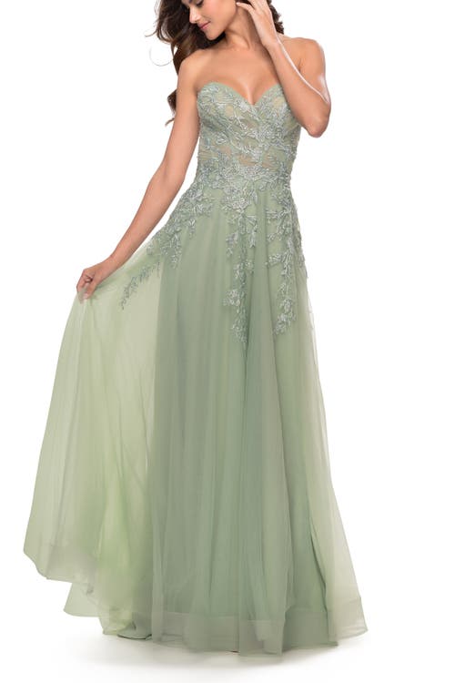 La Femme Sweetheart Tulle Strapless Gown With Lace Applique