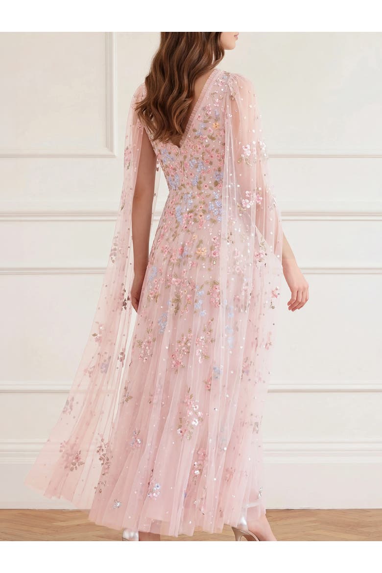 Versailles Ditsy V-Neck Cape Maxi Gown, Alternate, color, Shell/Bright