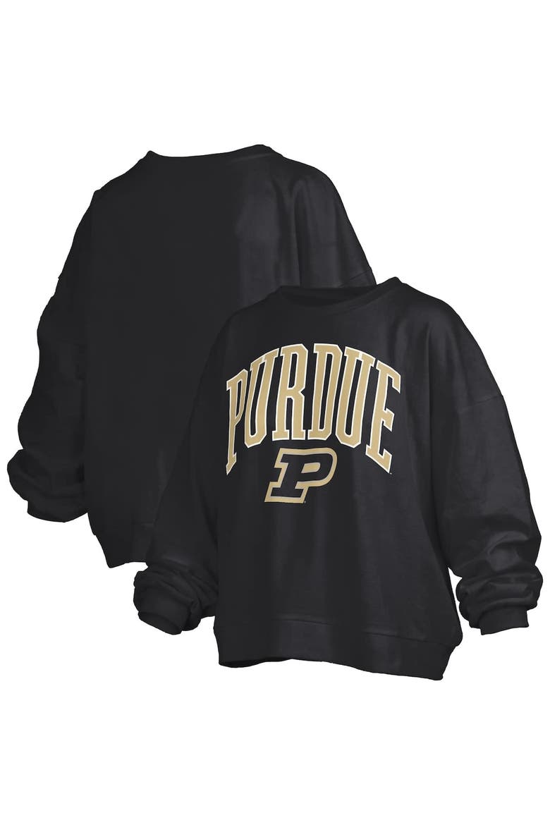 Women's Pressbox Black Purdue Boilermakers Janise Arch Over Logo Waist Length Oversized Pullover Sweatshirt, Main, color, Black