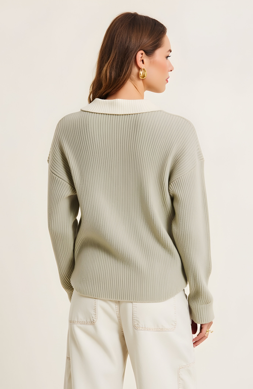 Modenaire Ribbed Knit Cardigan With Contrast Trim, Button Front And Point Collar In Green