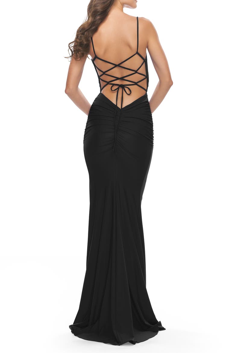 Twist Front Cut Out Jersey Prom Dress, Alternate, color, Black