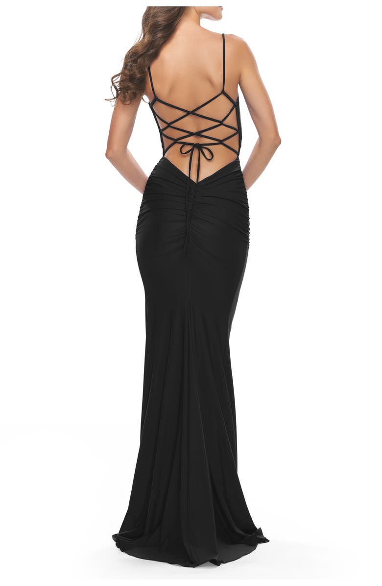 La Femme Twist Front Cut Out Jersey Prom Dress, Alternate, color, Black