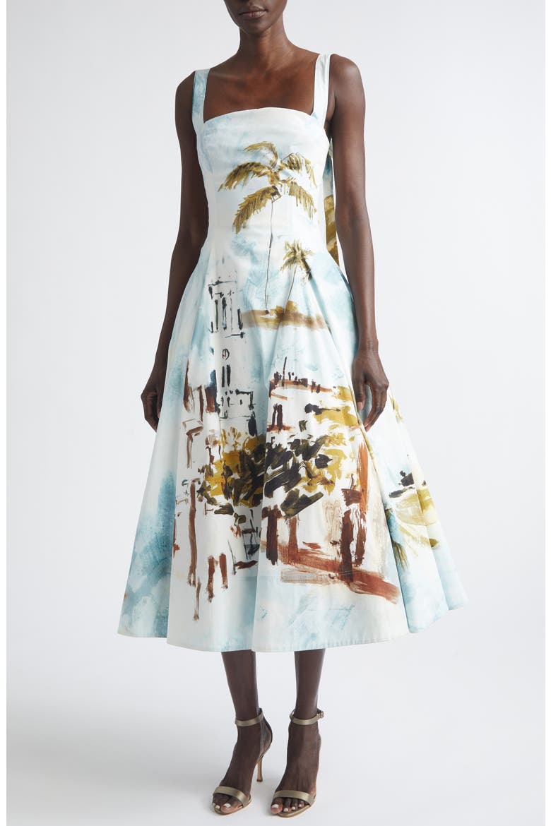 Dominican Landscape Stretch Poplin Sundress, Main, color, BLUE GREEN MULT