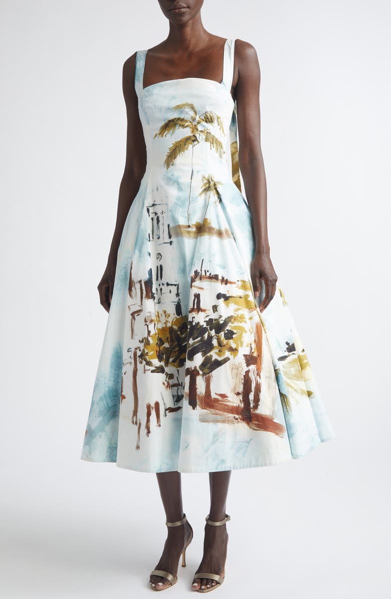 Oscar de la Renta Dominican Landscape Stretch Poplin Sundress, Main, color, Blue Green Mult
