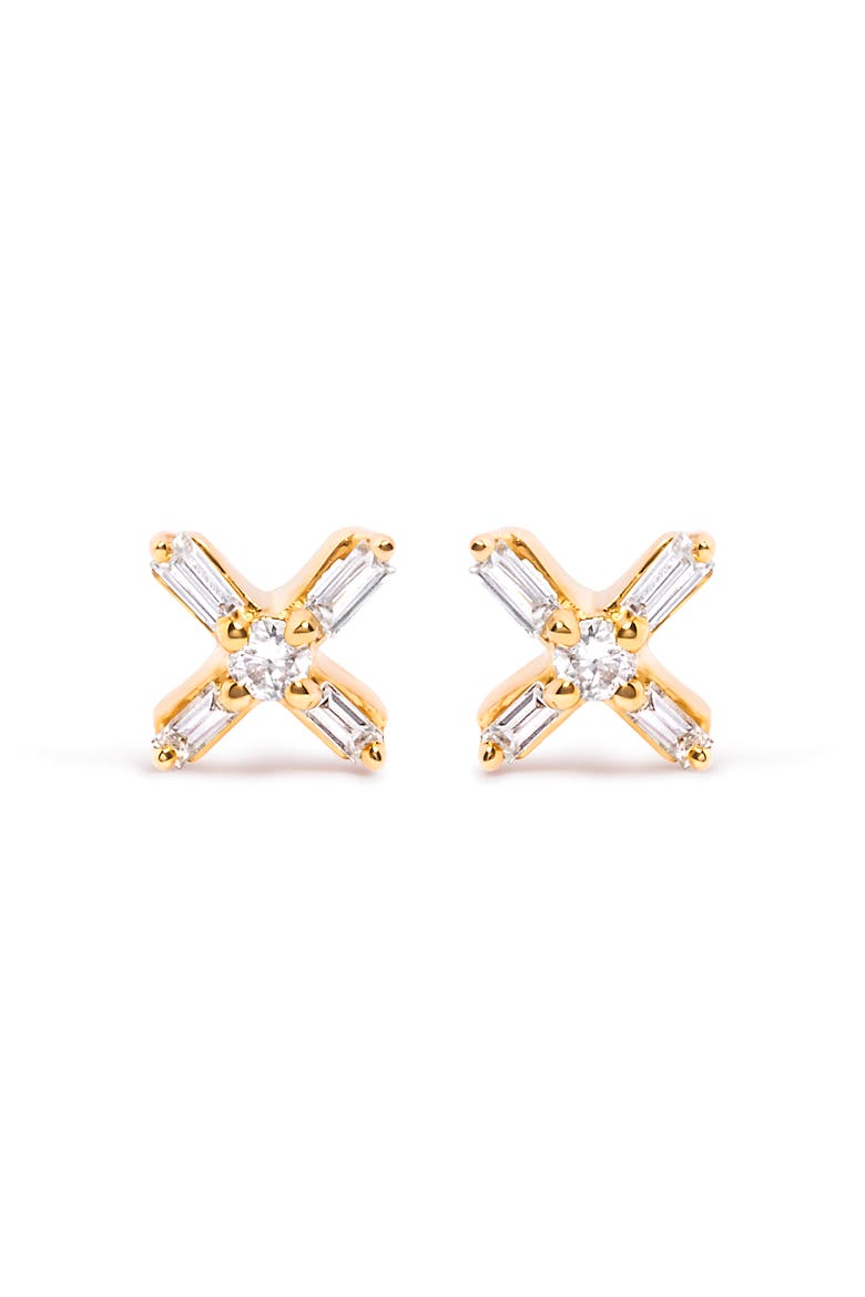 10K Yellow Gold 1/10 Ct Round and Baguette Diamond Criss Cross X Stud Earring, Main, color, Yellow