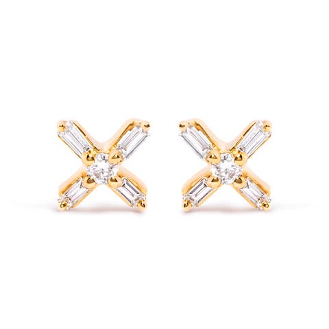 10K Yellow Gold 1/10 Ct Round and Baguette Diamond Criss Cross X Stud Earring