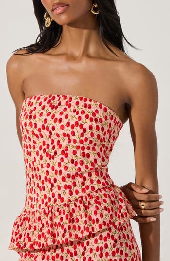 Plissé Asymmetric Tiered Ruffle Strapless Midi Dress