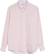 Thom Browne Straight Fit Garment Dye Linen Button-Down Shirt