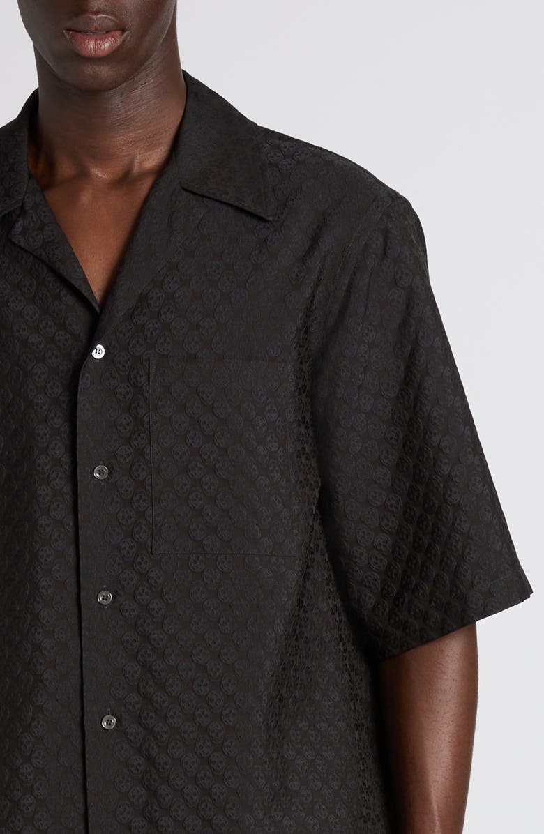 McQueen Skull Jacquard Satin Camp Shirt, Alternate, color, Black/ Black
