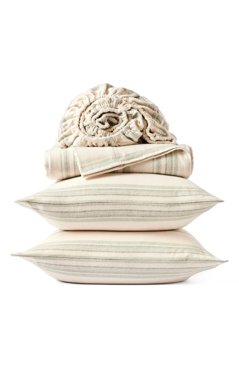 Coyuchi Cloud Brushed Organic Cotton Flannel Sheet Set, Main, color, Juniper Herringbone Stripe