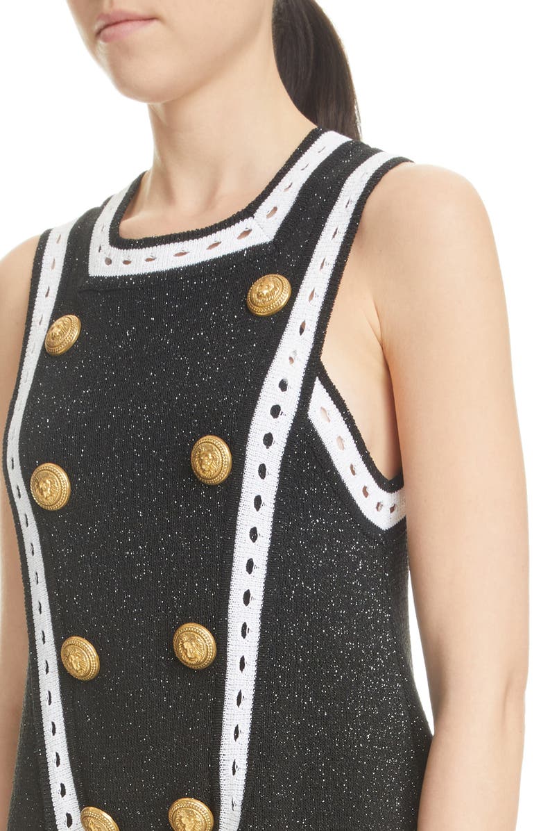 Balmain Eight-Button Metallic Knit Dress, Alternate, color,