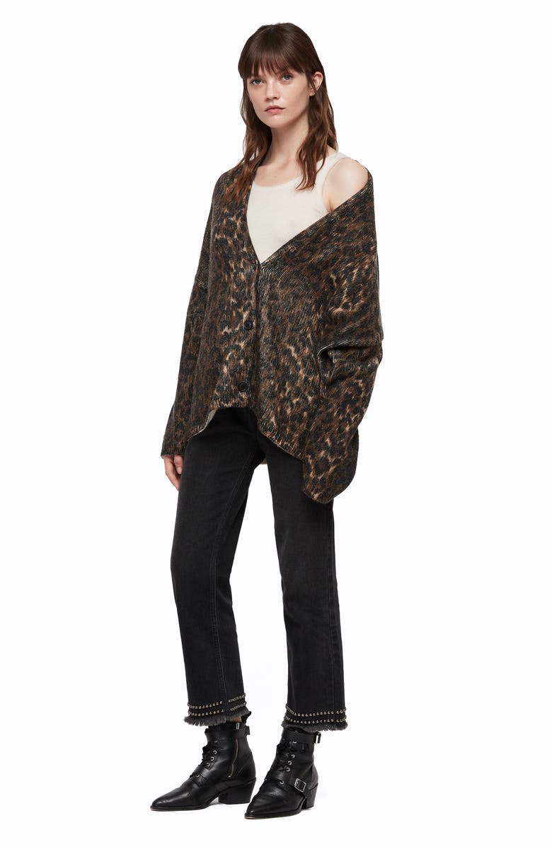 AllSaints Ph Leopard Wool Blend Cardigan, Alternate, color,