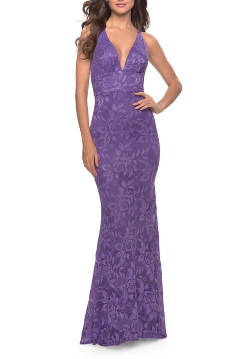 Fitted Stretch Lace Prom Dress with Banded Waist