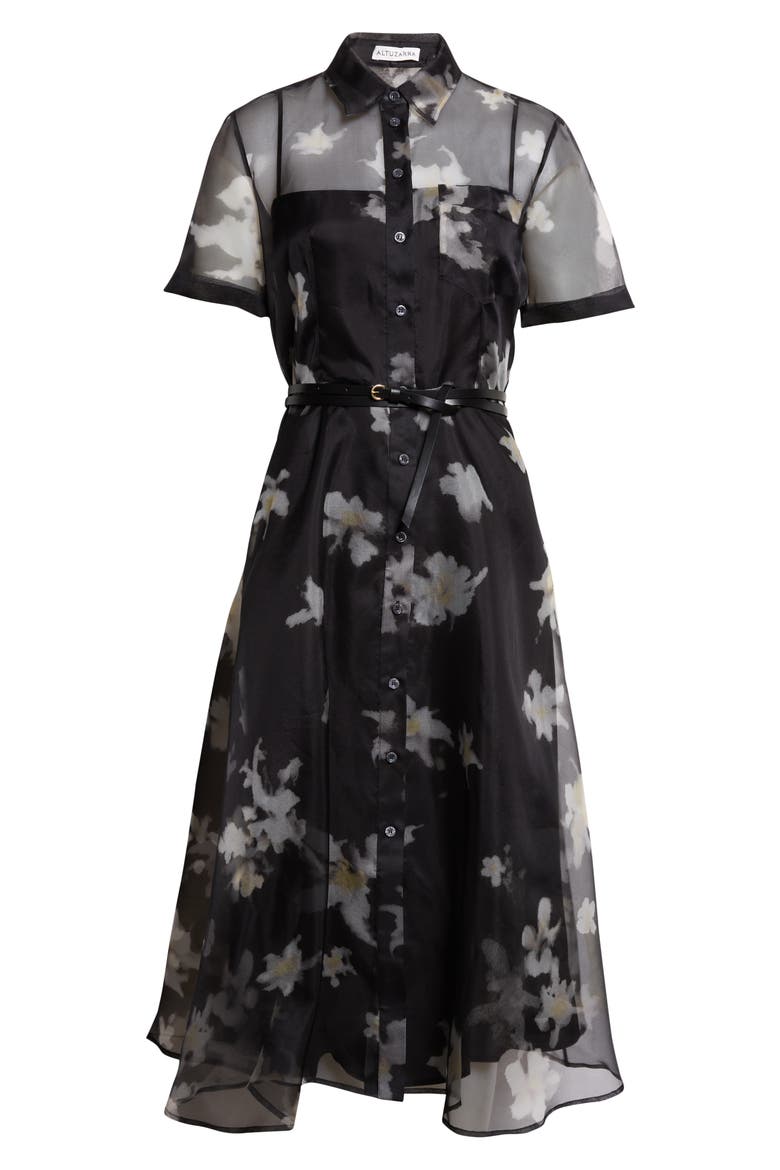 Kiera Print Silk Chiffon Belted Shirtdress, Alternate, color, BLACK INKY FLOWERS