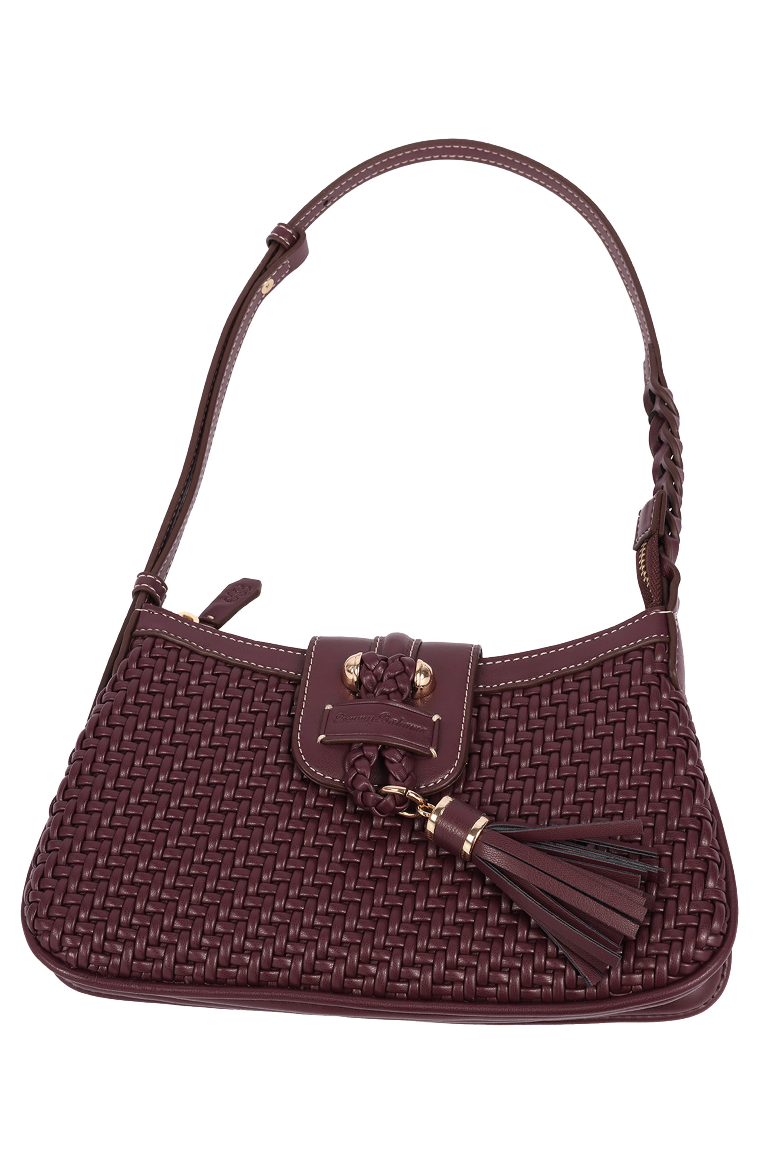 Tassel Tab Woven Faux Leather Shoulder Bag, Alternate, color, WINE