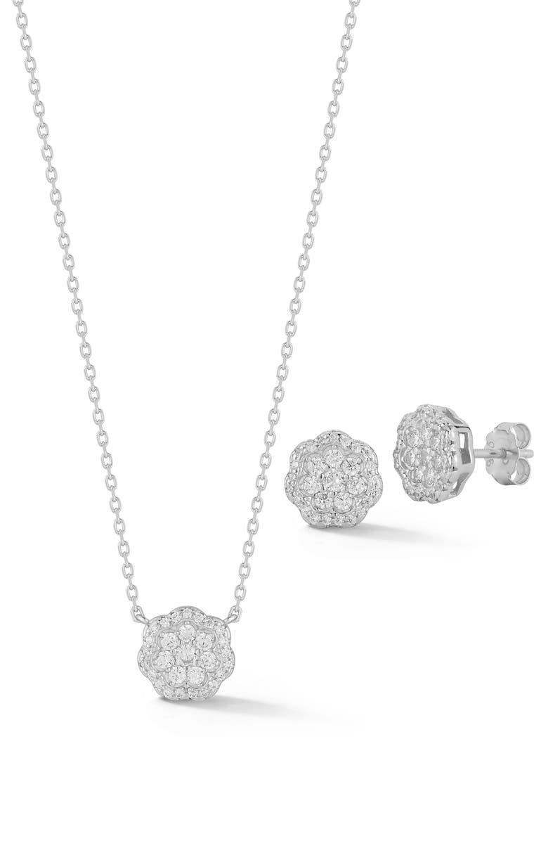 GLAZE JEWELRY Flower Cubic Zirconia Pendant Necklace & Stud Earrings Set, Main, color, Silver