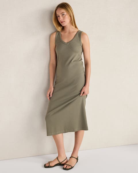 Organic Cotton Rib Knit V-Neck Midi Dress