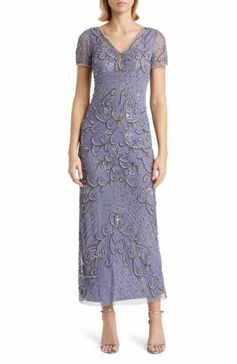 Beaded Mesh Column Gown