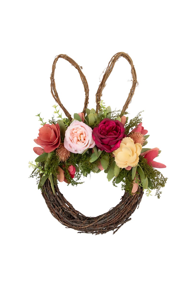 Northlight Wooden Floral Easter Bunny Ears Twig Wreath - 15", Main, color, Pink