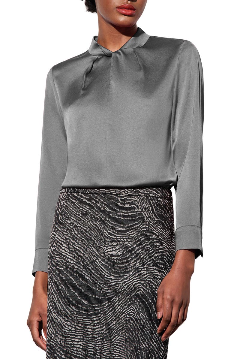 Ming Wang Heritage Fit Twist Neck Long Sleeve Crêpe de Chine Top, Main, color,