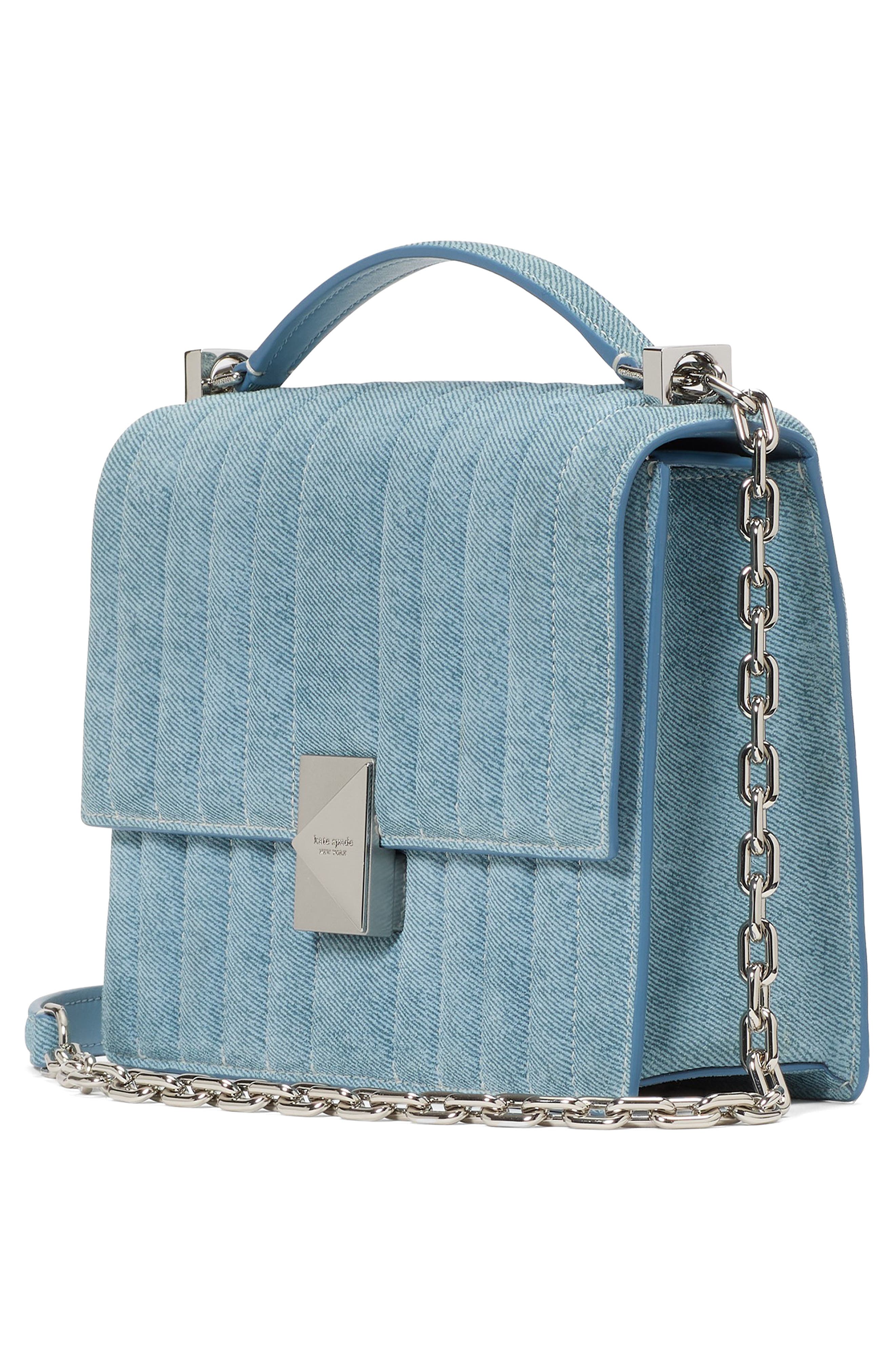 Kate Spade New York deco quilted denim suede convertible chain crossbody bag, Alternate, color, 