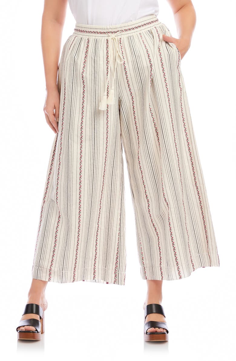 Karen Kane Embroidered Stripe Cotton Drawstring Crop Pants, Main, color, Natural