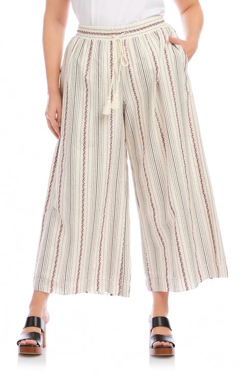 Embroidered Stripe Cotton Drawstring Crop Pants (Plus)