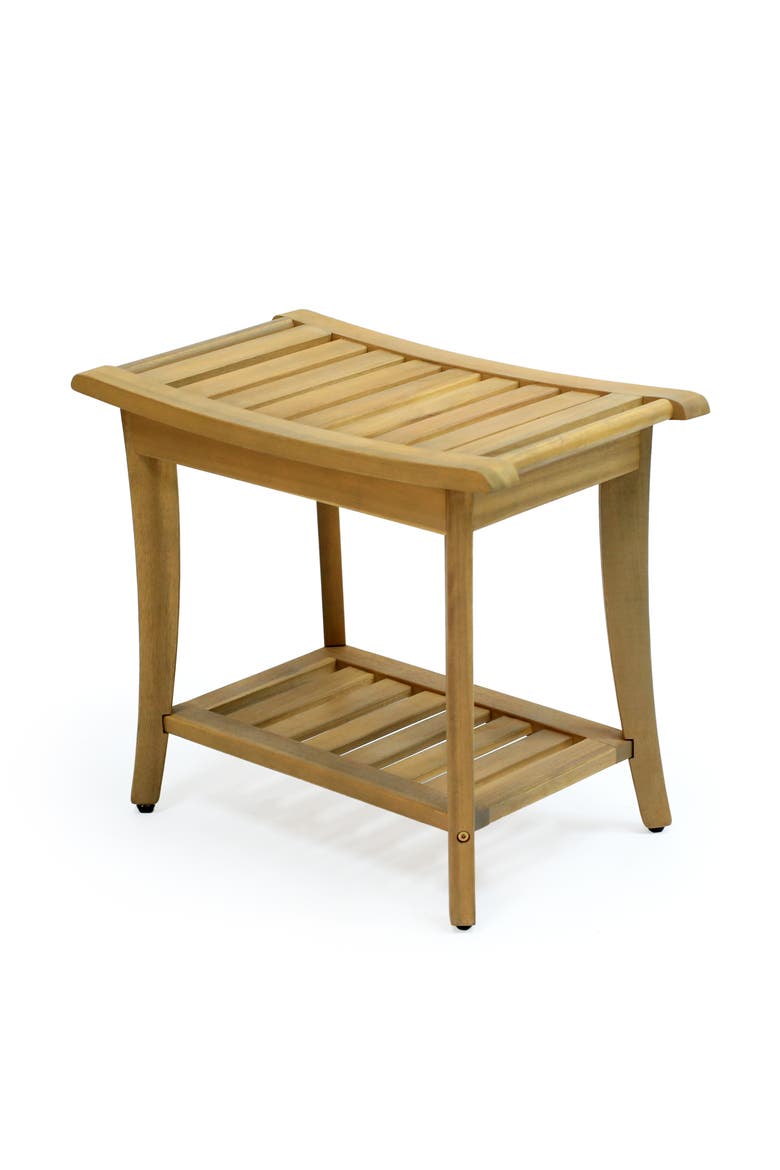 Tucker Modern Acacia Wood Shower Bench with Storage Shelf, Water-Resistant 2-Tier Spa Bath Stool for Bathroom and Outdoor Use, Main, color, Light Teak
