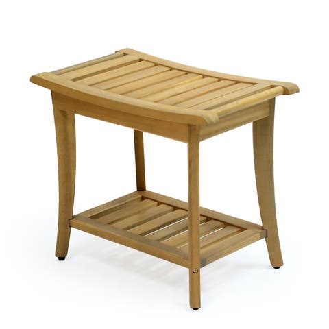 Tucker 22.1" Traditional Classic Slatted Solid Acacia Wood Indoor/Outdoor Shower Bench with Shelf and Handle