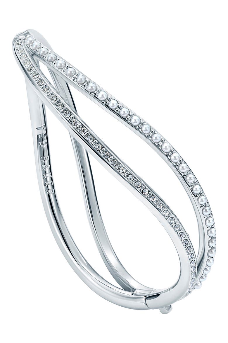 Wavie Faux Pearl & Crystal Hinged Bangle, Alternate, color, SILVER TONE / PEARL / CLEAR