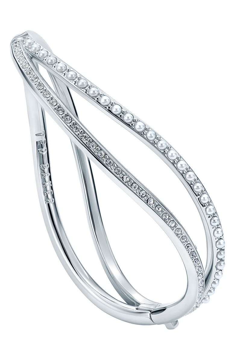 Ted Baker Wavie Faux Pearl & Crystal Hinged Bangle, Alternate, color, Silver Tone / Pearl / Clear