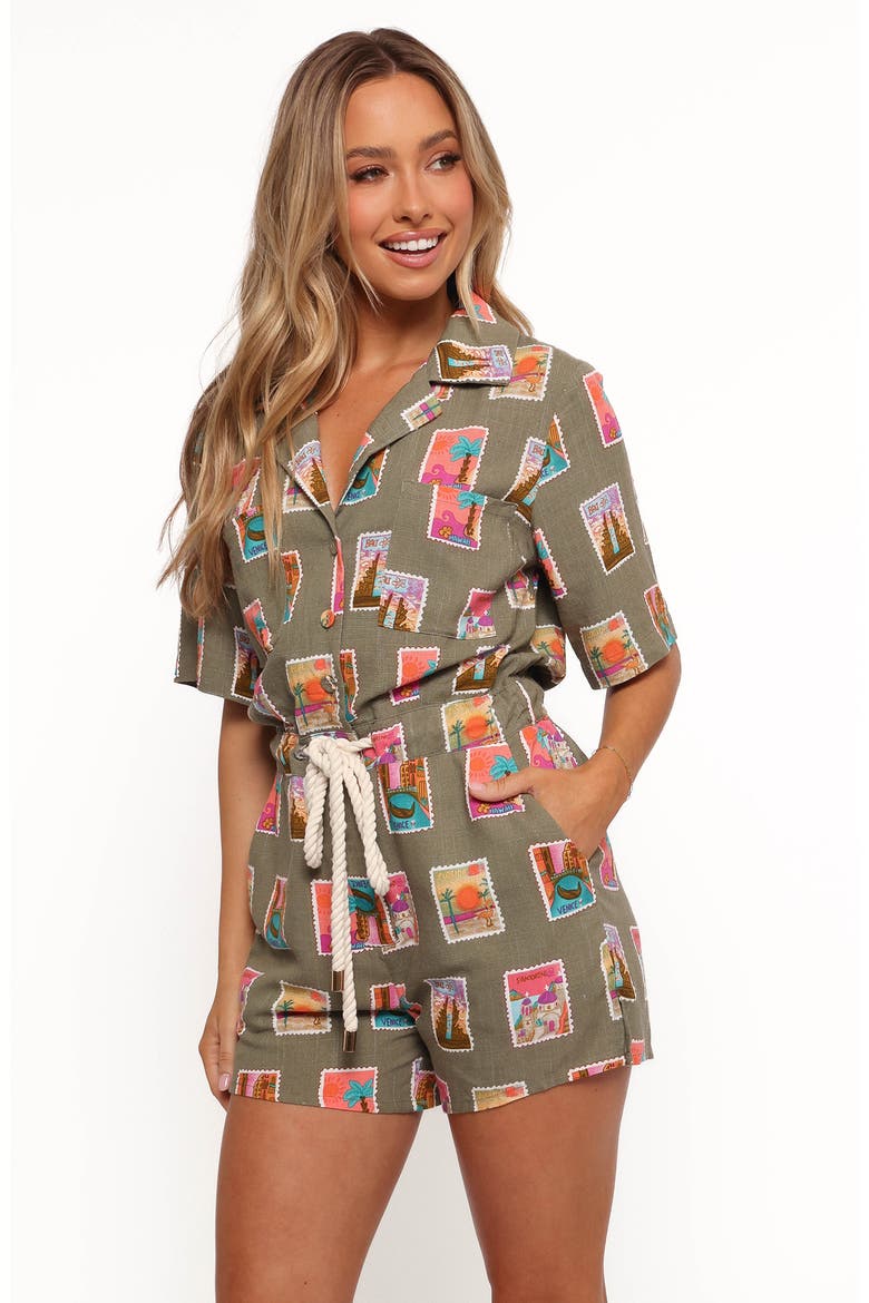 Everlee Postcard Print Romper, Alternate, color, OLIVE PRINT