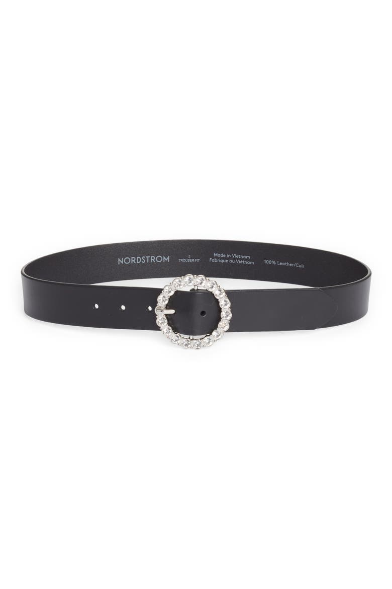 Lila Crystal Buckle Leather Belt, Main, color, BLACK