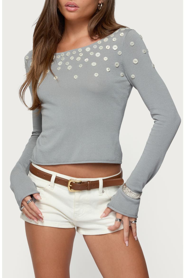 Iridescent Button Boat Neck Sweater, Main, color, LIGHT-GRAY
