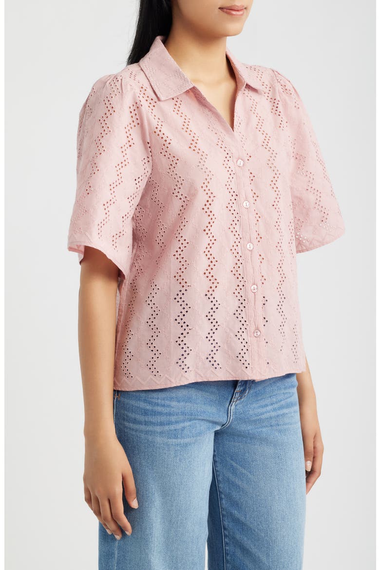 Eyelet Embroidered Button-Up Shirt, Alternate, color, DUSTY PINK