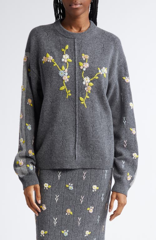 YanYan Daisy Embroidered Pointelle Lambswool Sweater in Charcoal 