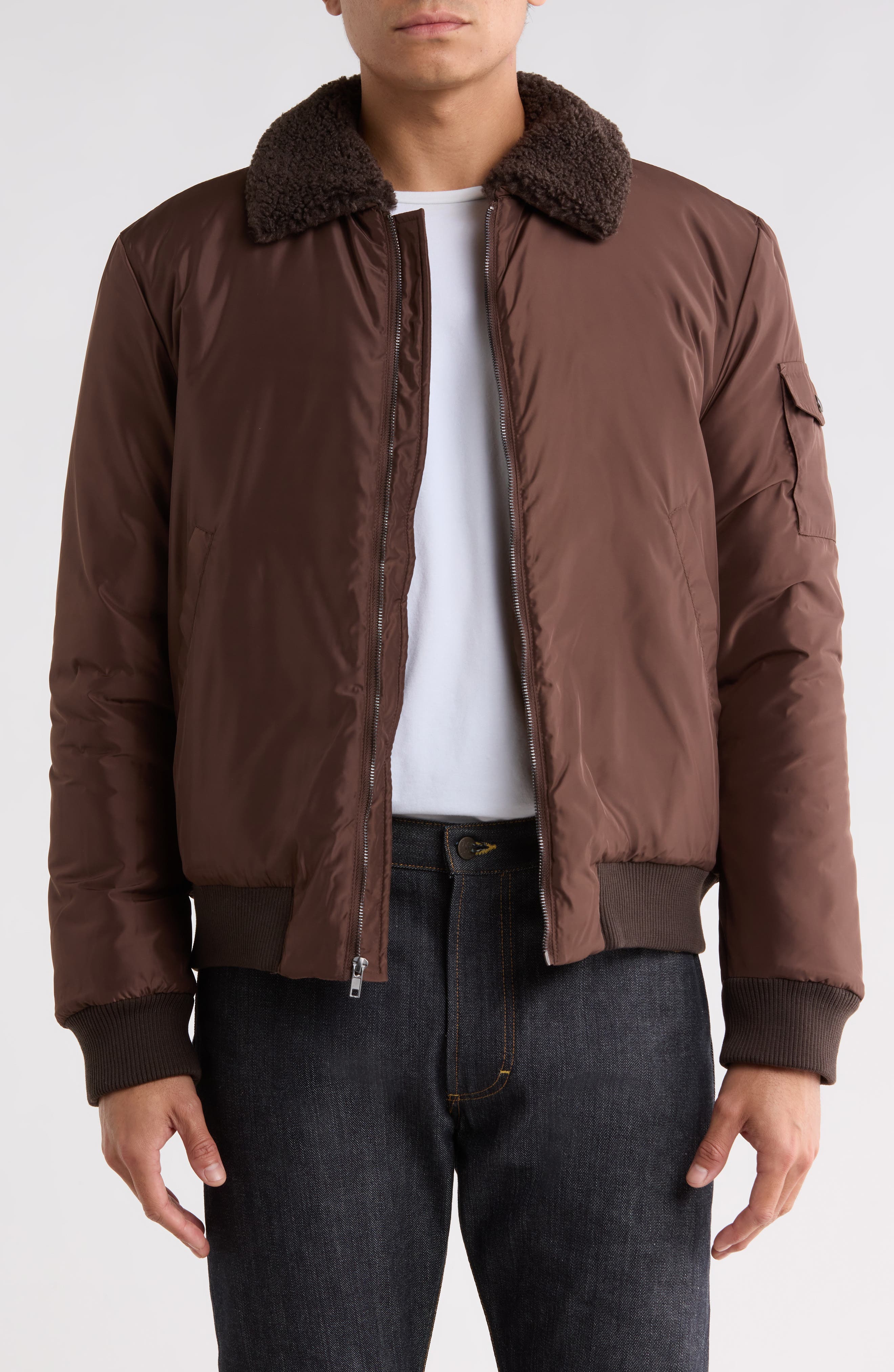 Nylon Flight Jacket with Faux Shearling Collar