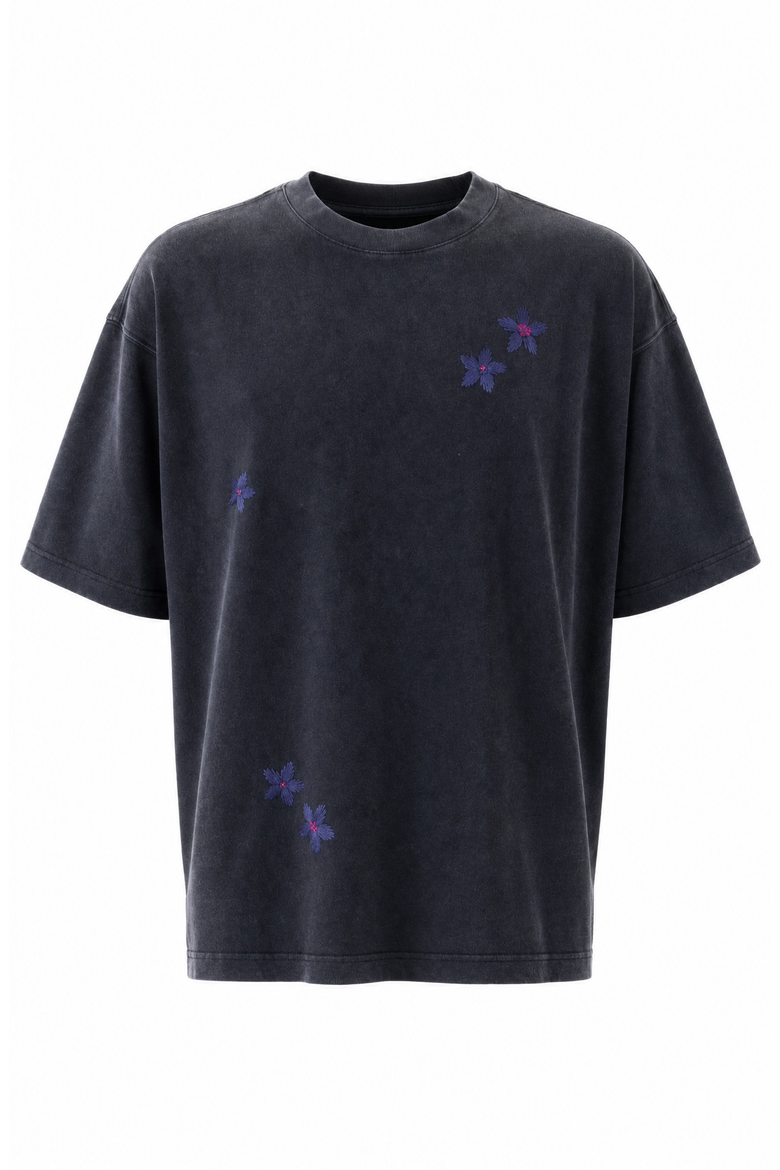 Relaxed Fit Floral Embroidered Crewneck T Shirt with Washed Finish, Alternate, color, Gray
