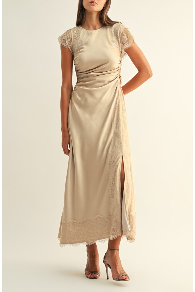 Camila Lace Trim Satin Dress, Alternate, color, CHAMPAGNE