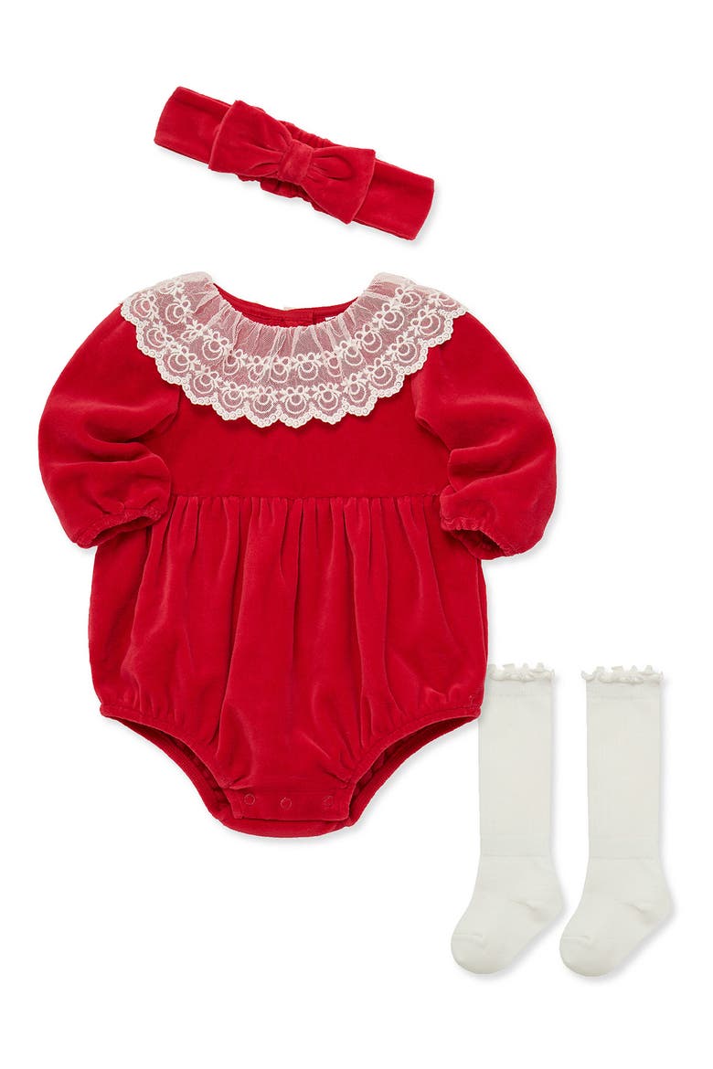 Kids' Lace Bubble Romper, Headband & Socks Set, Alternate, color, RED