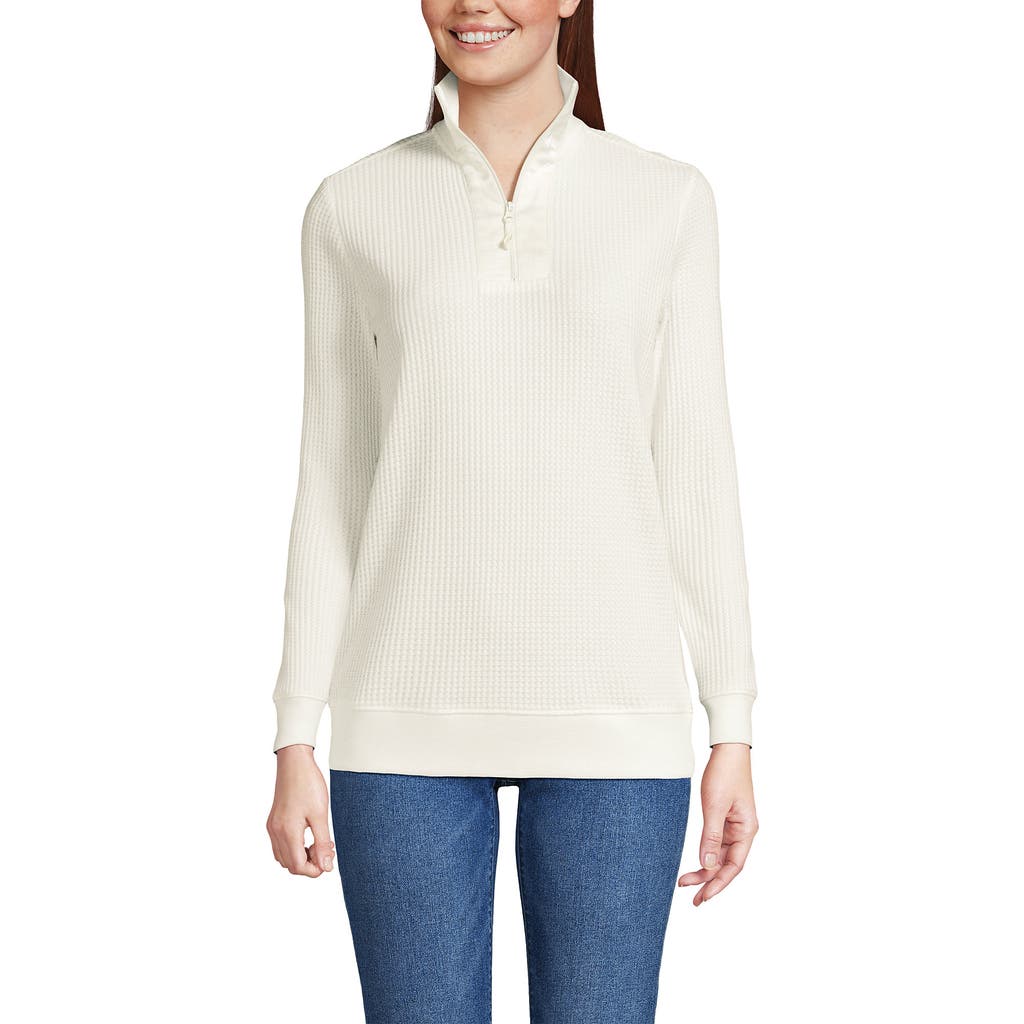 Lands' End Long Sleeve Waffle Quarter Zip Pullover In White