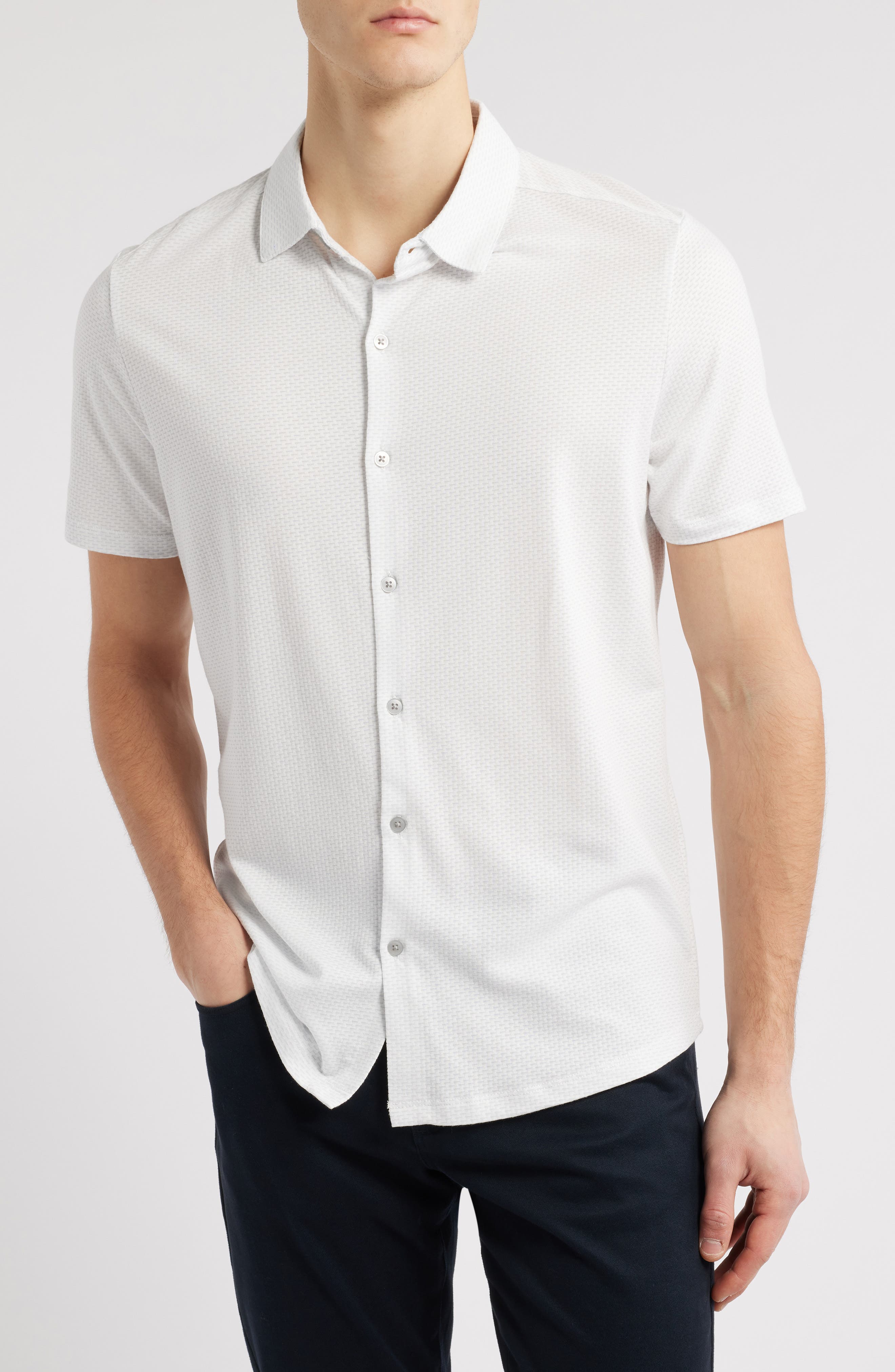 Robert Barakett Bonville Geo Jacquard Short Sleeve Cotton & Modal Knit Button-Up Shirt