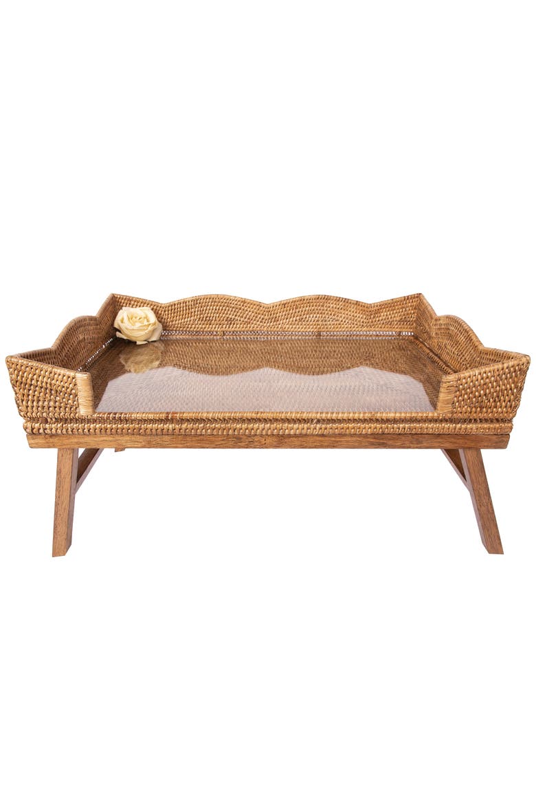 Artifacts Rattan Scallop Design Breakfast Tray with Wooden Legs & Glass Insert, Main, color, Honey Brown